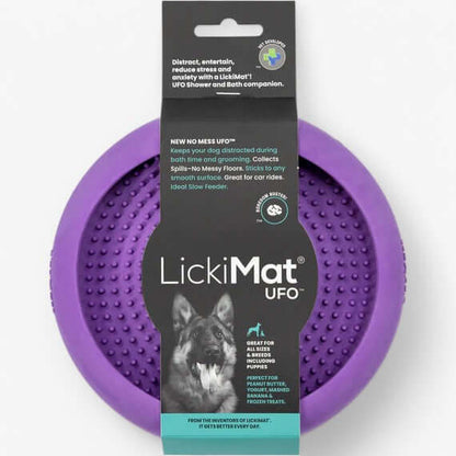 LickiMat UFO slow feeding bowl in purple, designed to entertain and reduce stress for dogs during bath time.