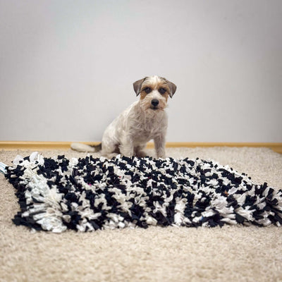 Dog sitting next to the Hea Hoog sniffing mat, designed for mental stimulation and social responsibility.